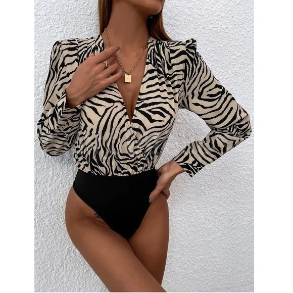 Zebra Animal Print Bodysuit Long Bishop Sleeves Puff V-Neck Surplice Black Beige - Picture 4 of 8